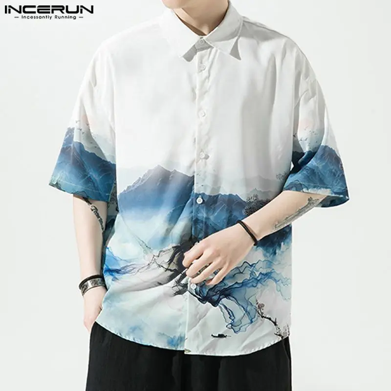 

2023 Men Casual Shirt Printing Vintage Lapel Short Sleeve Men Clothing Summer Streetwear Loose Leisure Shirts S-5XL INCERUN