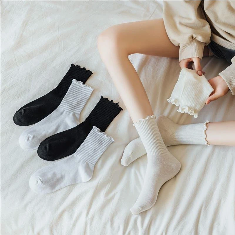 

Ruffle Socks for Women 5pair /Lot Mid Crew Middle Tube Ankle High Breathable Black White Woman Calcetines Female Spring Autumn