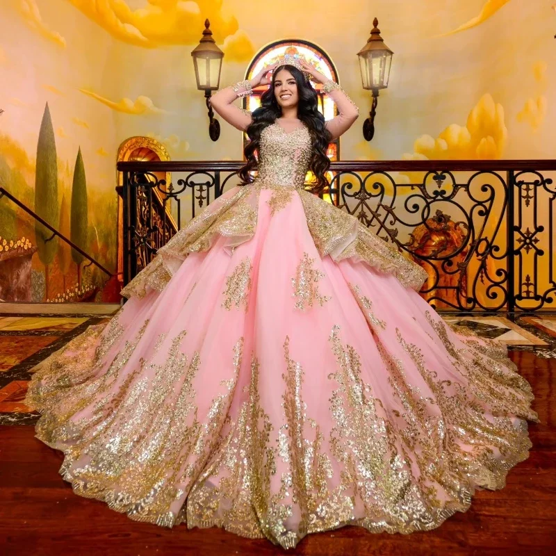 Angelsbridep розовое бальное платье Sweet 16 платья Quinnceanera блестящие золотые аппликации