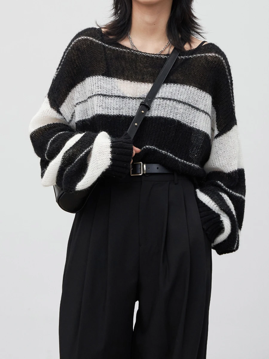 

Women's Sweaters Straight Neck Long Sleeve Loose Striped Pullover Sweater Female Tops Lady Spring Autumn 2022