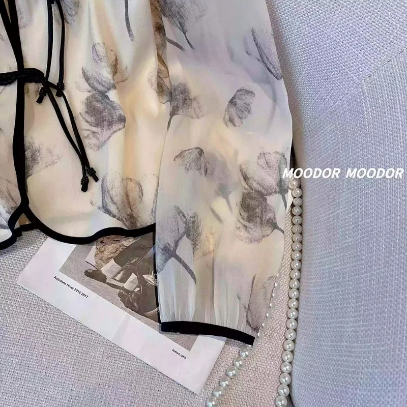 Рубашка с чернильным принтом прозрачные шифоновые топы женская блузка Тонкая