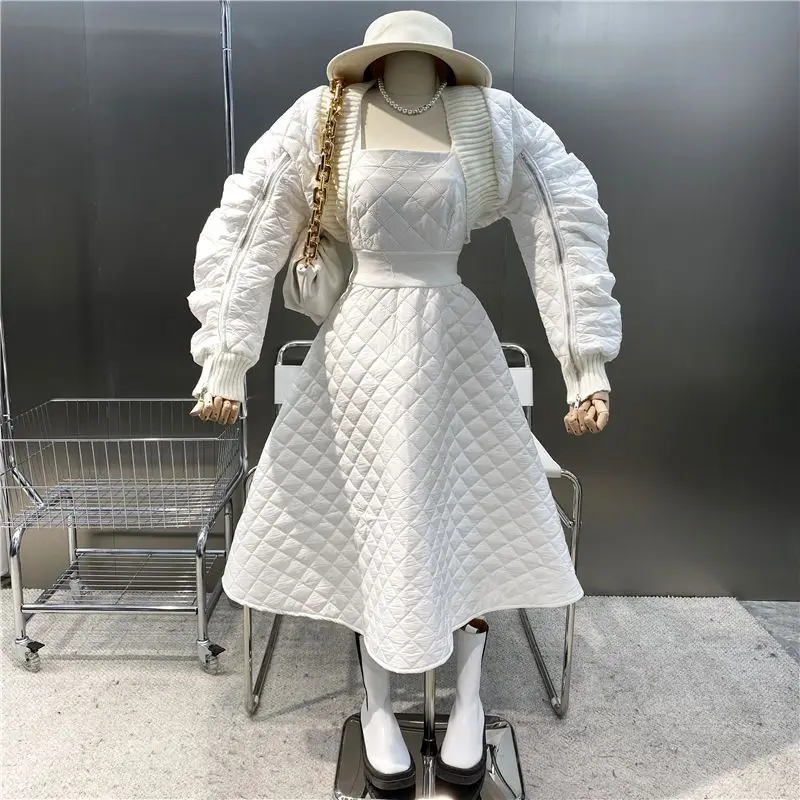 2022 Winter Fashion Rhombus Parkas High Quality Dress Suit High Waist A-line Skirt Thickened Warm Cotton Two-piece Suit