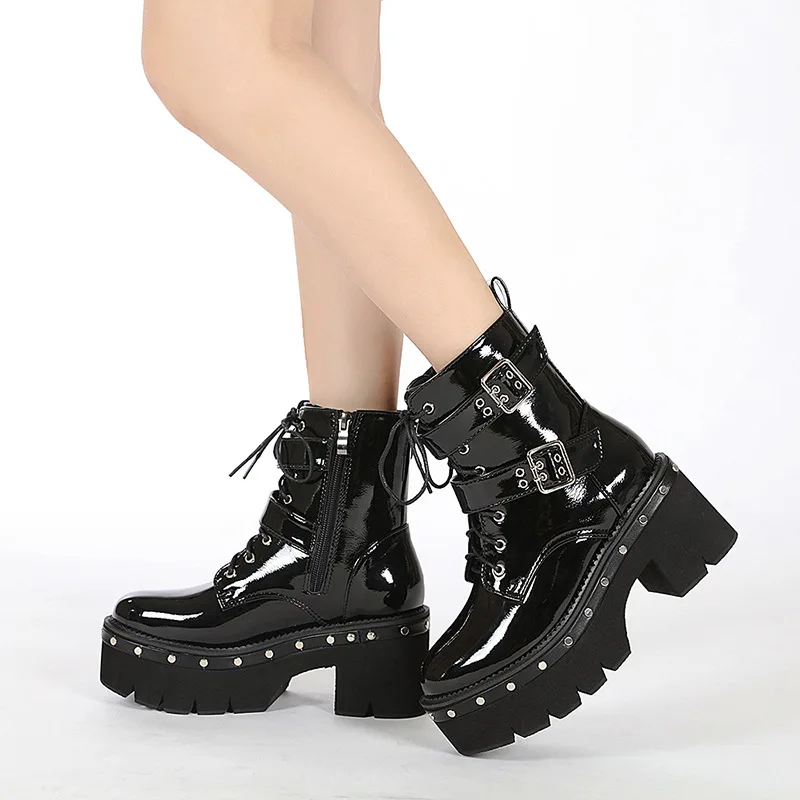 

New Demonias Shoes Women Boots Square Heel Platform Shoes Goth Brand Thigh High Shoes Black Leather Buckle Autumn Winter