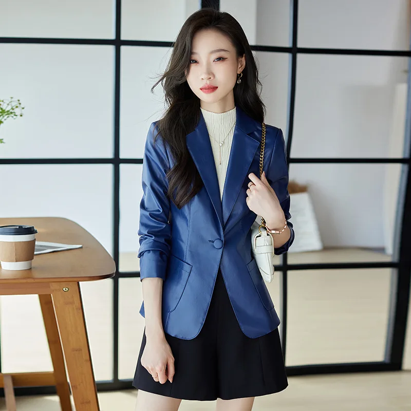 Coffee Color Leather Coat Skinny Suit Coat Women 2022 Autumn Korean Fashion Short Suit Coat Women Office Elegant Lady Suits