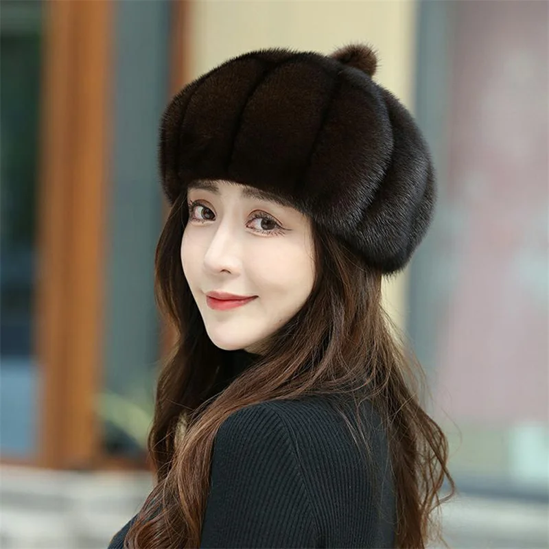 Labies Fur Hat 100% Mink Beanie For Girls Soft Thickened Furry Beret Ladies Hat Elegant Winter Outdoor Windproof Warm Hat