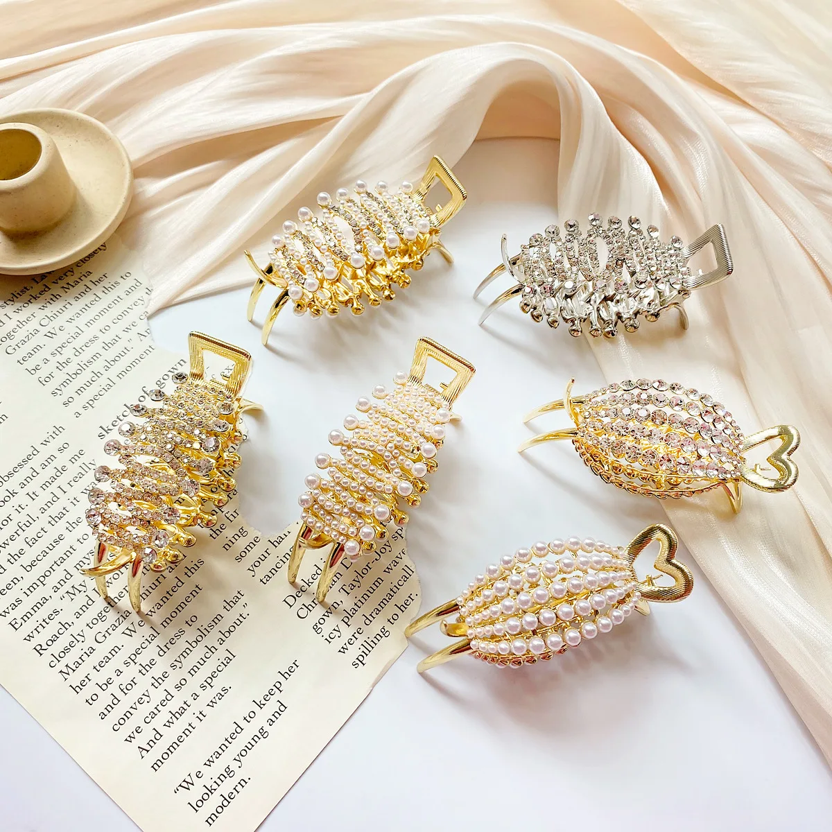 

New Korean Fashion Metal Retro Rhinestone Pearl Hair Clip Hair Ponytail Clip High Quality Alloy Hair Accessories