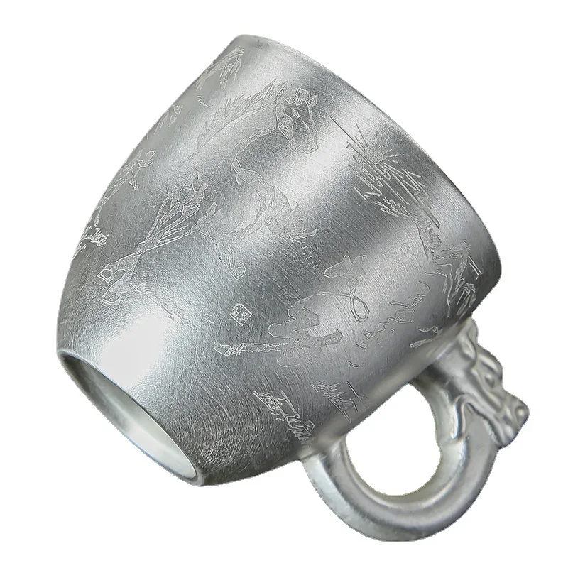 

Hxl Silver Cup 999 Sterling Silver Tea Cup Set with Handle Anti-Scald Tea Cup Purple Sand Silver Gilded