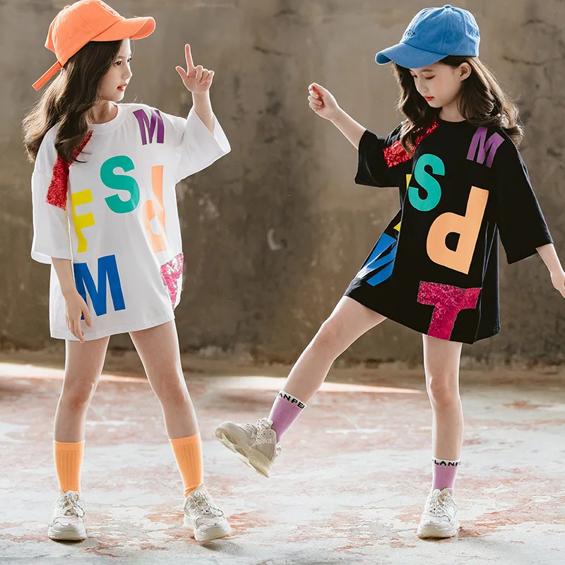 

Girls Fashion T-shirt Dress 2022 Children New Clothing Kids Summer Loose Sequined Alphabet Print Short Sleeve Pullover Tops 3-12