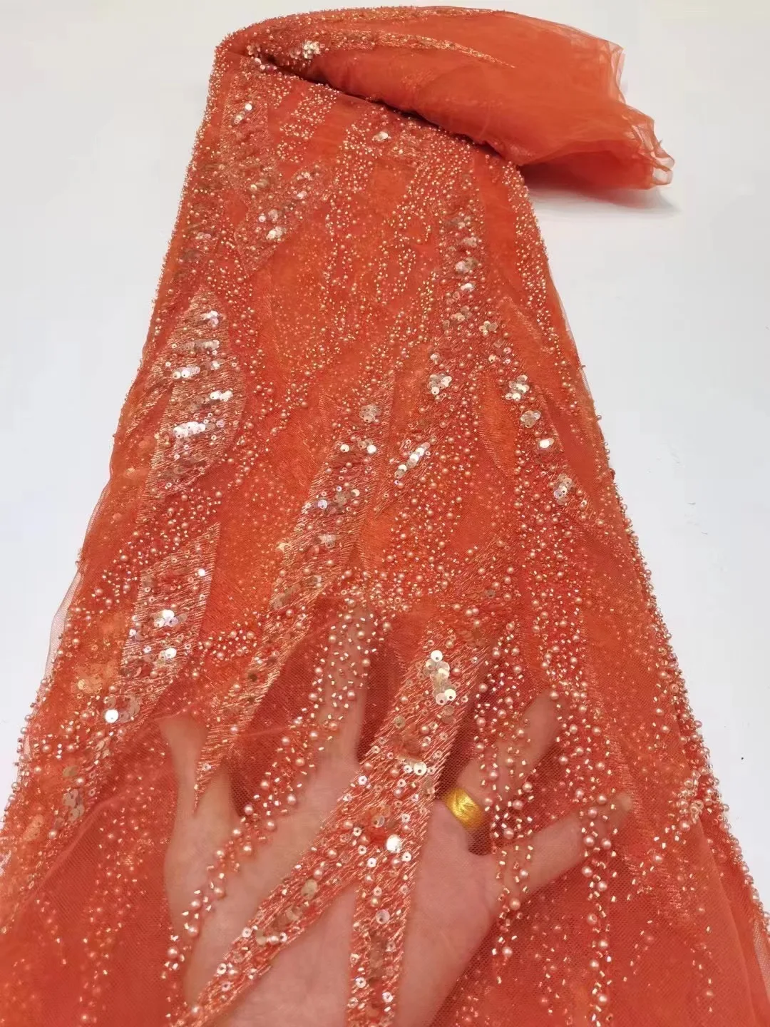 

Африканское кружево из оранжевого тюля 2022 французское высококачественное 5 ярдов ткань ручной работы Роскошные Блестки Нигерия для свадеб...