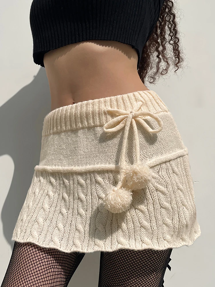 

Осенняя трикотажная Мини-юбка Taruxy, Женская юбка-карандаш с завышенной талией на шнуровке Y2K, модные короткие юбки с завязками и низкой талие...