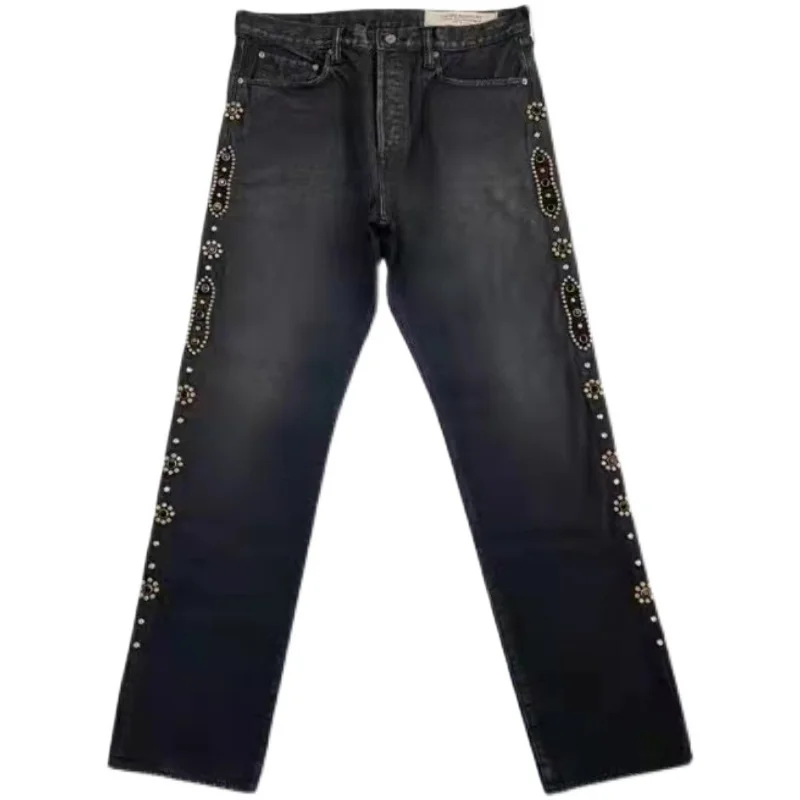 21AW KAPITAL Hirata Hohiro Vintage Washed Gem Embroidery Casual Denim Pants for Men and Women Black Slim Jeans High Quality
