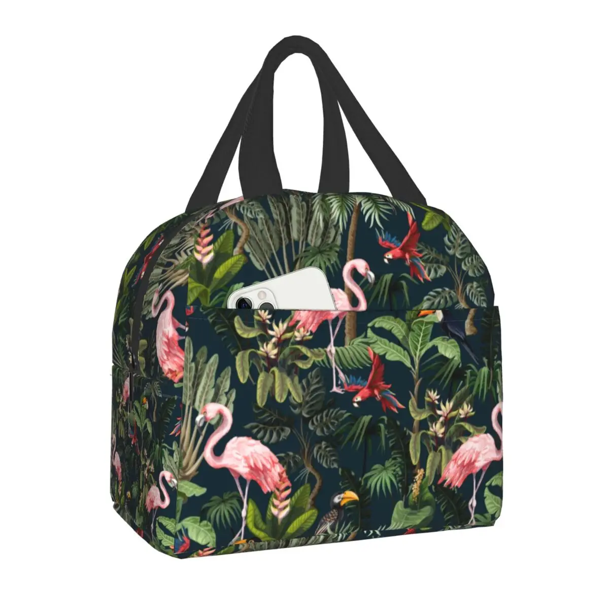 

Jungle Pattern With Toucan Flamingo Parrot Thermal Insulated Lunch Bag Women Tropical Bird Lunch Tote for Kids School Food Box