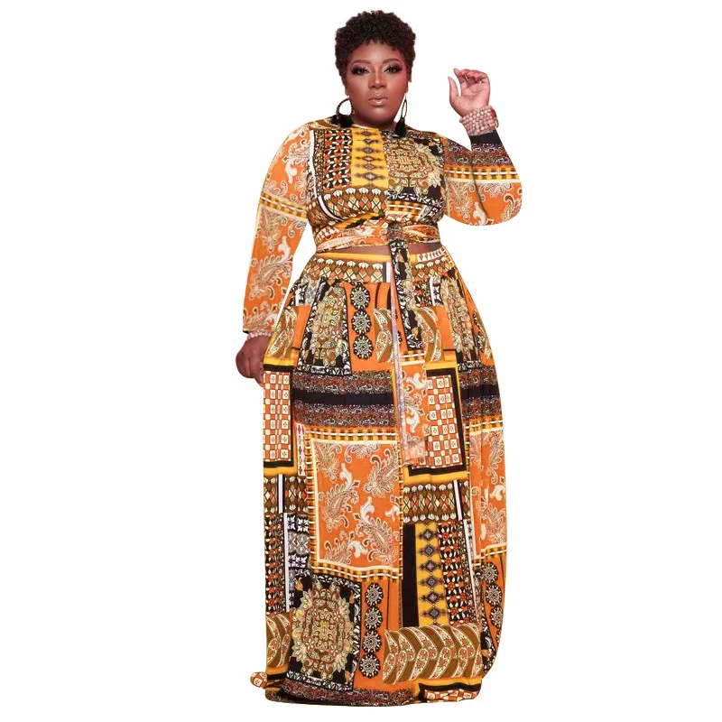 Women Plus Size Dress Print Bandage Sashes Long Dresses Fashion Loose Maxi Vestidos Female Vintage Outfits Autumn 2022