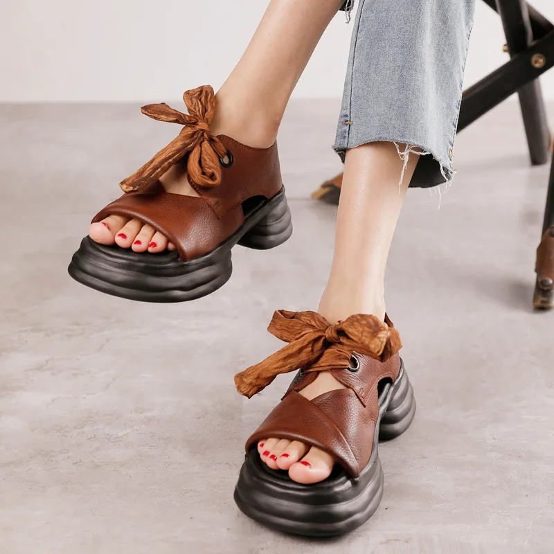 

Wedge Heels Sandals Women Leather Peep Toe Low Heels Summer Shoes for Women Handmade Genuine Leather Women Sandals 2022 Girls