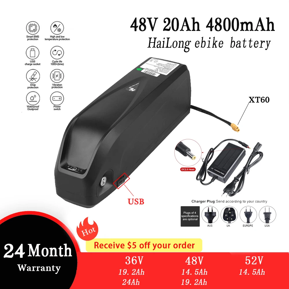 

Hailong Ebike Battery 52V 48V 36V 14.5Ah 19.2Ah 24Ah 21700 4800mAh cells bicycle battery pack for 1000W 750W 500W 350W motor