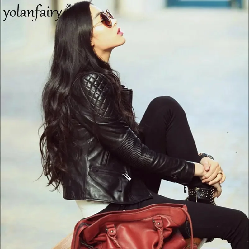 

Куртка женская из натуральной кожи, пальто из натуральной овчины, узкий пояс, с рукавами с резьбой, топ на плечо в клетку со стразами