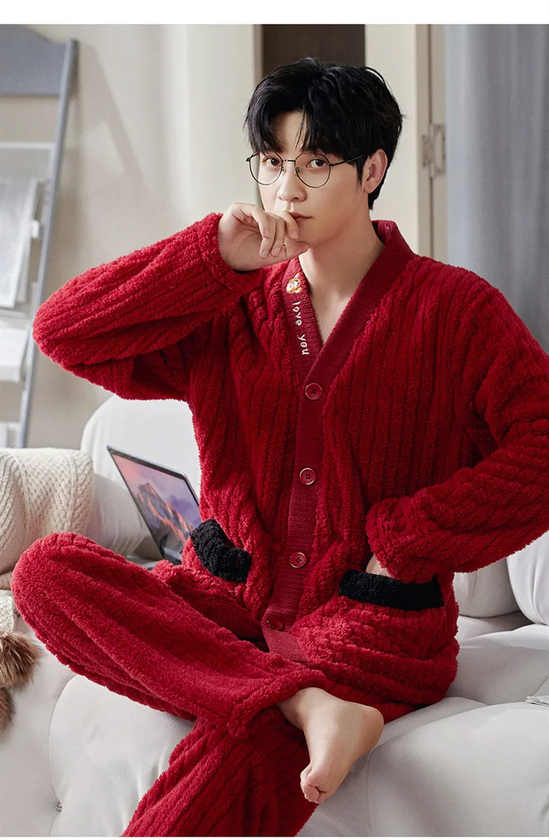 Yasuk Winter Fashion Women Men Casual Warm Soft Sleepwear Pajamas With Pant Velvet Fleecel Red Marry Couple Unisex Thick