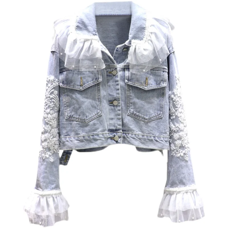 

Джинсовая куртка женская верхняя одежда Новинка весна-осень 2022 корейская мода кружевная вышивка свободные короткие джинсовые пальто женск...