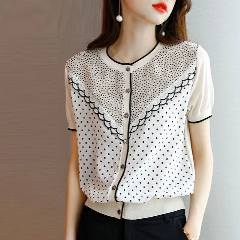 

Tencel shirt women's design stitching dots thin section short-sleeved summer new style cardigan crop top Casual