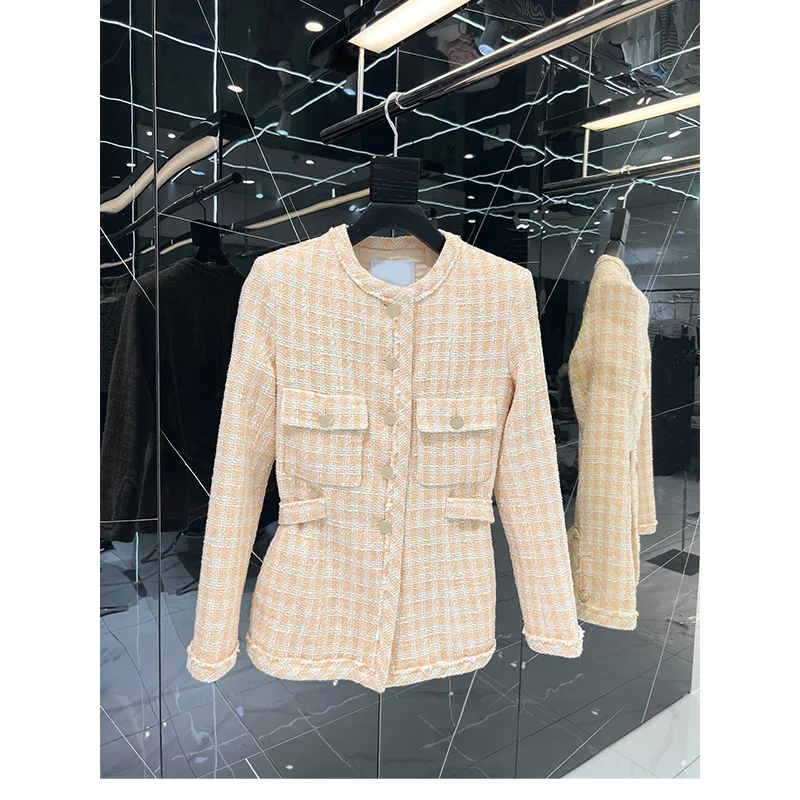 

2023 New Checkered Small Fragrant Coat Waist Waistband Celebrity Style Elegant Temperament High Grade Thick Tweed Top Women's