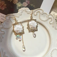 2021 new cream rose picture frame earrings vintage asymmetric diamonds pendant earrings for women korean fashion jewelry gifts