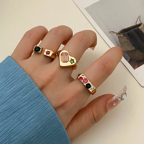 Женское металлическое кольцо KISSWIF, золотистое, розовое, красное, зеленое кольцо с геометрическим рисунком в форме сердца, Подарочная бижутерия