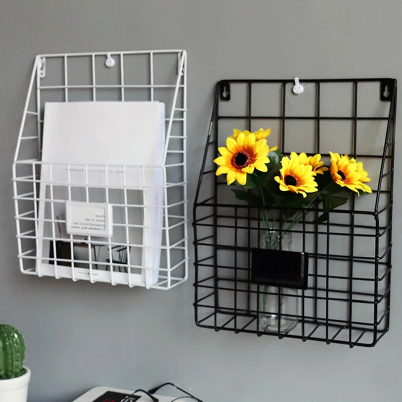 

Metal Decorative Storage Basket Wall-mounted Grid Hanging Rack Newspaper Magazine File Iron Storage Basket Office Home Decoratio