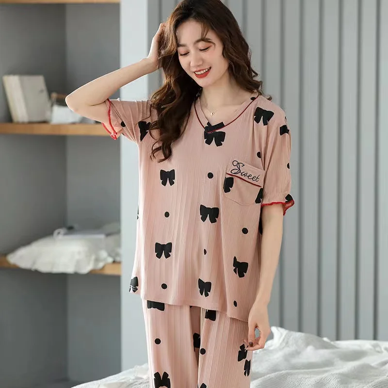 Summer Pajamas Set Women 100% Cotton Short Sleeve 2 Piece Set Nightwear Turn-Down Collar Homewear Lounge Clothes Pijama Femme