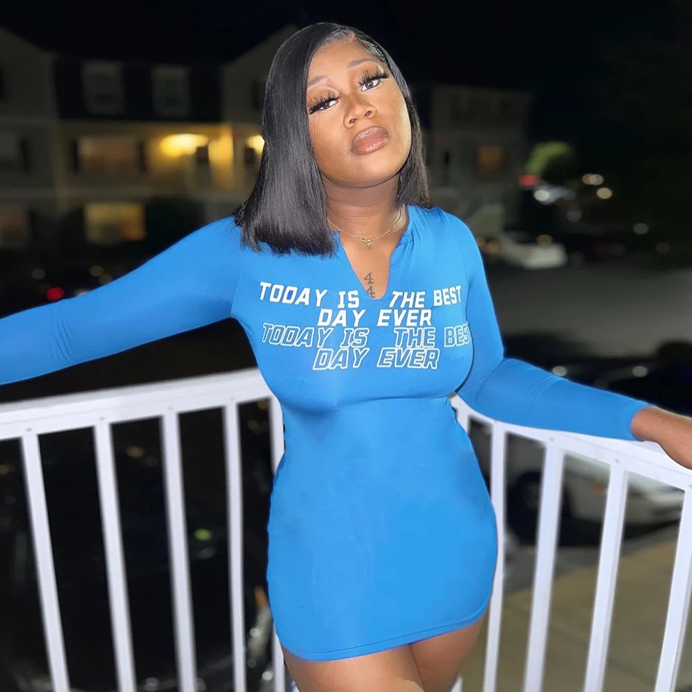 

Повседневное облегающее женское платье Xiktop с длинным рукавом и круглым вырезом, длинная футболка с буквенным принтом, топы с запахом на бед...