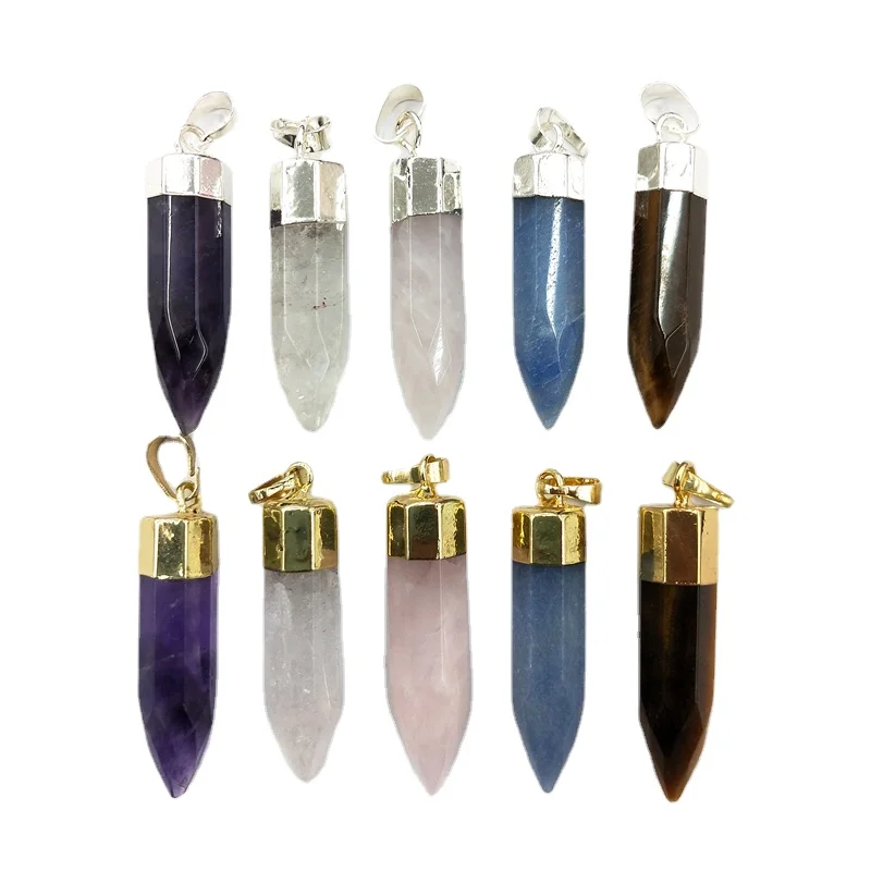 Faceted Bullet Gold Silver Dipped Gemstone Charms Crystal Amethysts Rose Quartz Crytal Point Pendant for Necklace Making