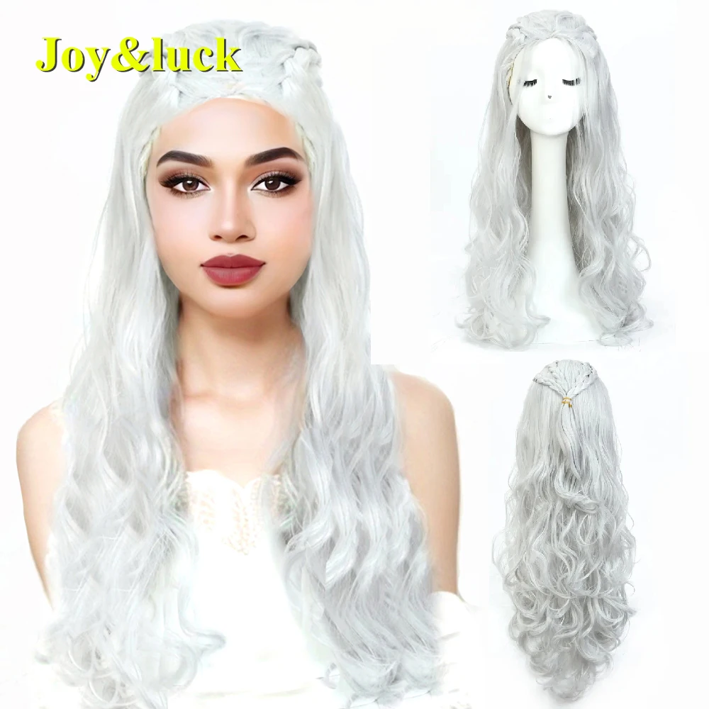Синтетический Длинный натуральный вьющийся парик для косплея Серебряный Белый