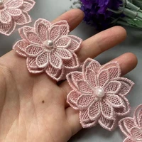 20x soluble pink polyester pearl flower embroidered lace trim ribbon fabric sewing supplies craft decor diy handmade materials