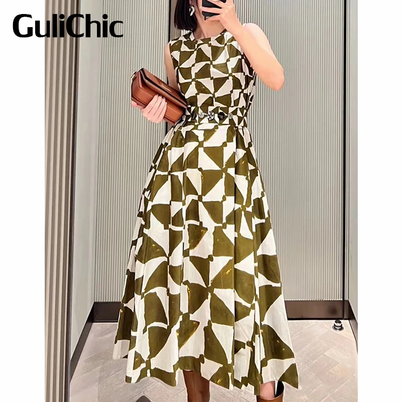 6.29 GuliChic Women Temperament Geometric Print Round Neck Sleeveless With Belt Collect Waist Midi Dress