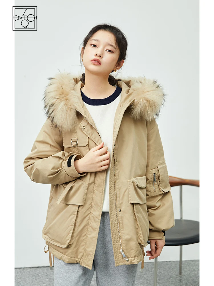 

ZIQIAO женская зимняя пуховая парка с пушистым воротником, куртки для женщин, хаки, короткая пуховая куртка с капюшоном, женские прямые пальто