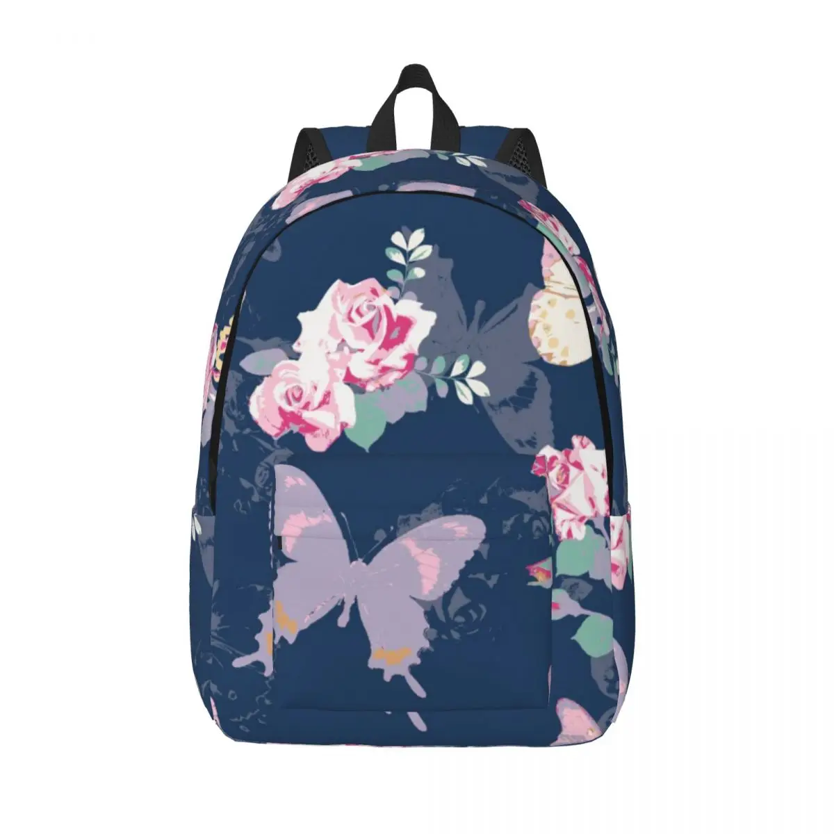 

Men Women Backpack Large Capacity School Backpack for Student Rose With Butterfly On Navy Background School Bag