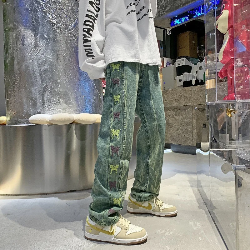 DEEPTOWN Embroidered Distressed Jeans Men Hip Hop Streetwear Denim Pants Loose Casual Straight Trousers Male Designer Fashion