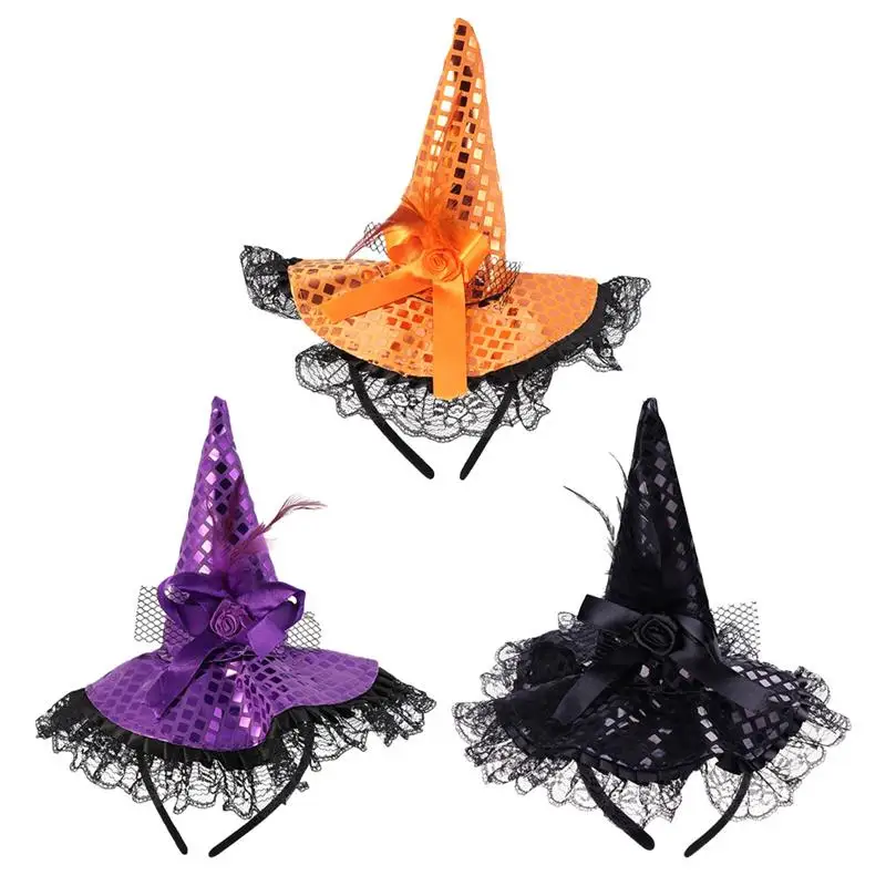 

9pcs Halloween Witch Hat Headbands Masquerade Lace Sequins Hat Headbands