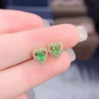 meibapj small natural colombian emerald gemstone love heart stud earrings real 925 silver earrings fine charm jewelry for women