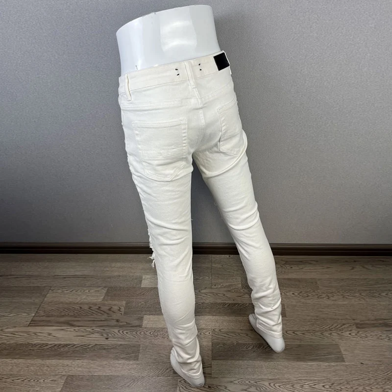 White Fashion Designer Men Jeans Elastic Stretch Patched Skinny Fit Ripped Jeans Men Streetwear Hip Hop Denim Brand Pants Hombre