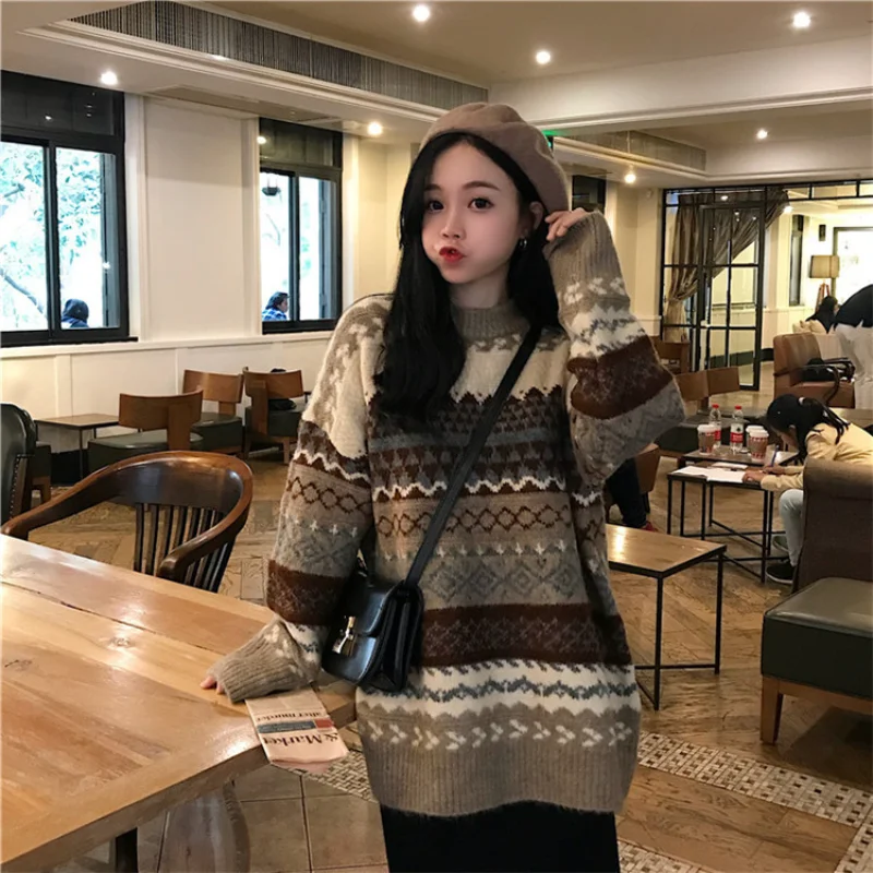 

Korean of Retro College Style Pullover Women All-match Loose Knit Sweater Top Fashion Casual Geometry Winter Sweaters Female