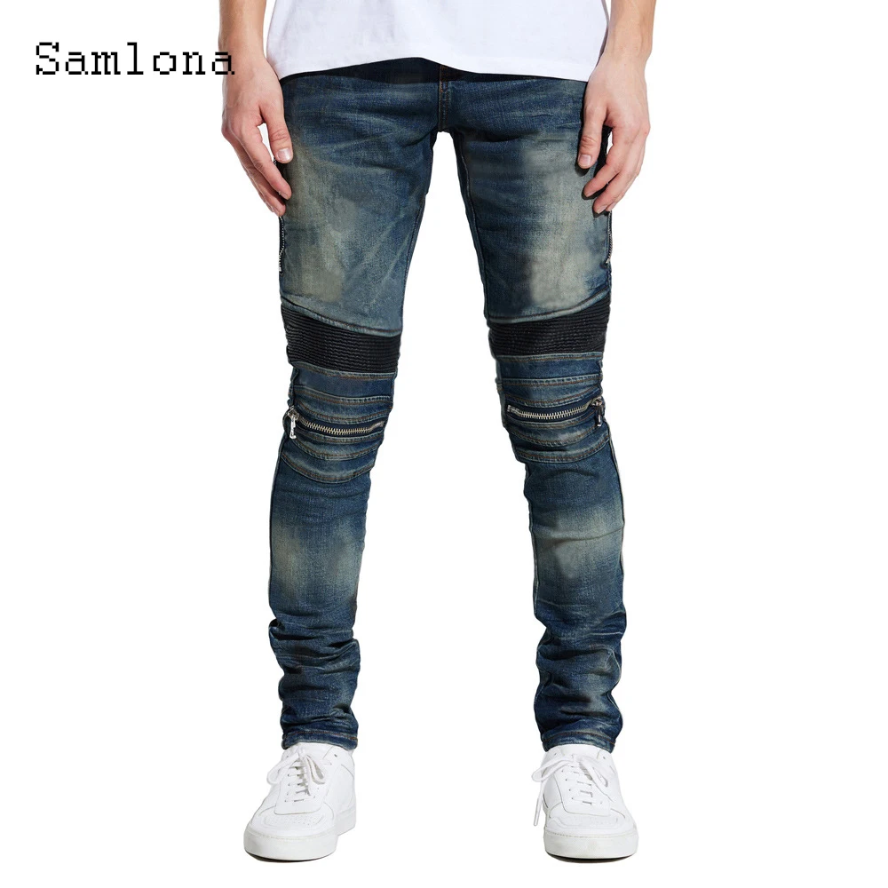 Sexy Mens Patchwork Jeans Casual Ruched Denim Pants Oversized Men's Streetwear 2022 European Style Fashion Zipper Demin Trousers