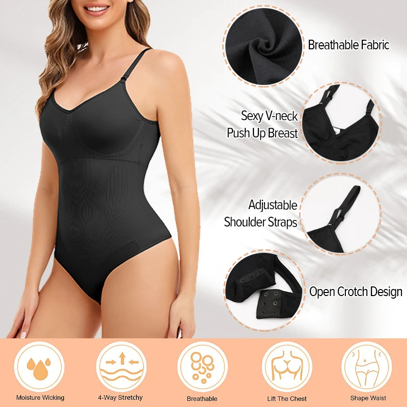 Sexy Thong Bodysuit for Women Tummy Control Shapewear V-Neck Tank Tops Lingerie Jumpsuit Smooth Body Shaper Waist Slim Underwear