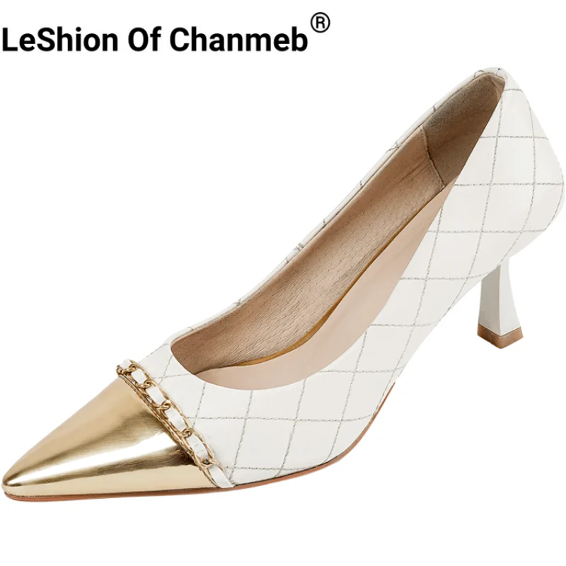 

LeShion Of Chanmeb Women Sheep Leather Pumps Brand Quilted Metal Chain High Heel Shoes Mix Color Ladies Classic Heeled Pump 2023