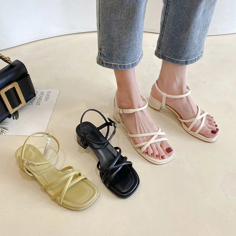 

2022 Sandals Comfort Shoes for Women Suit Female Beige Block Heels Buckle Strap Med New Black Gladiator Chunky Fashion Medium Gi