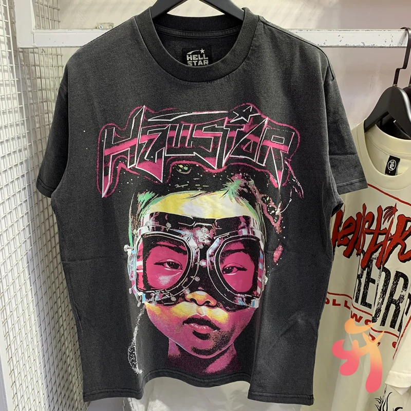 

Retro Hip-hop Hellstar Short Sleeve Wash Black Do Old Color Letter-portrait Print T-shirts Couple Original Label Cotton Top Tee