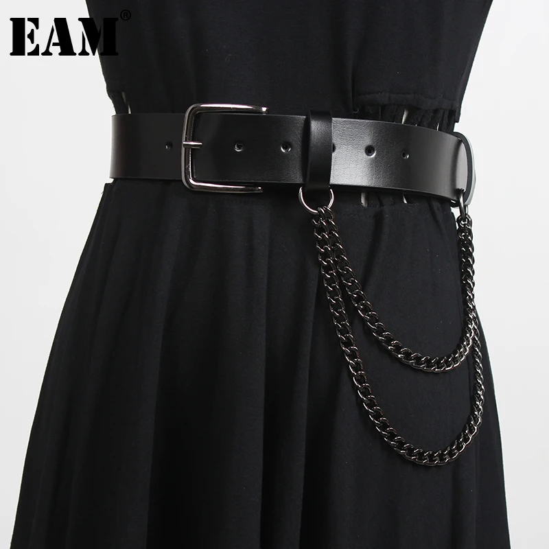 [EAM]  Retro Metal Chain Pu Leather Black Long Belt Personality Women New Fashion Tide All-match Spring Autumn 2023 1DD4847