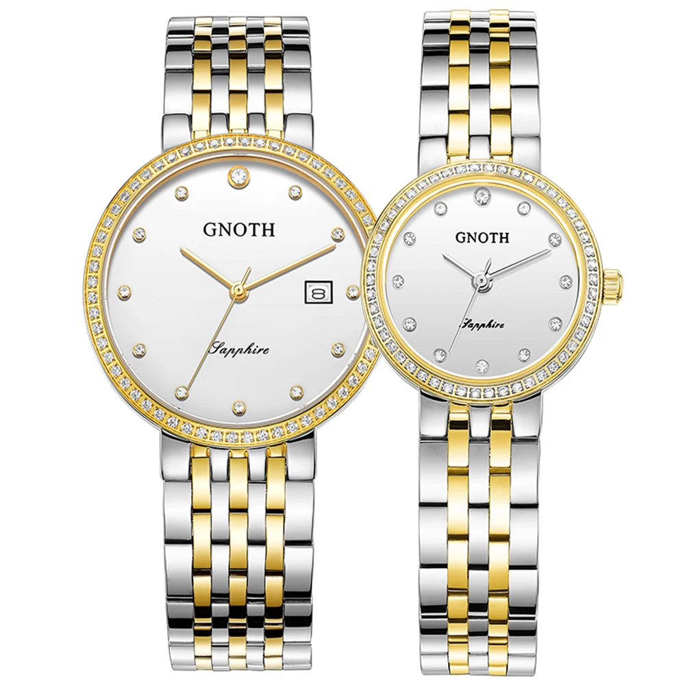 Gnoth 36mm Watches for Men and Women Dots Hour Markers with Zircon Top Ring Bezel 6037