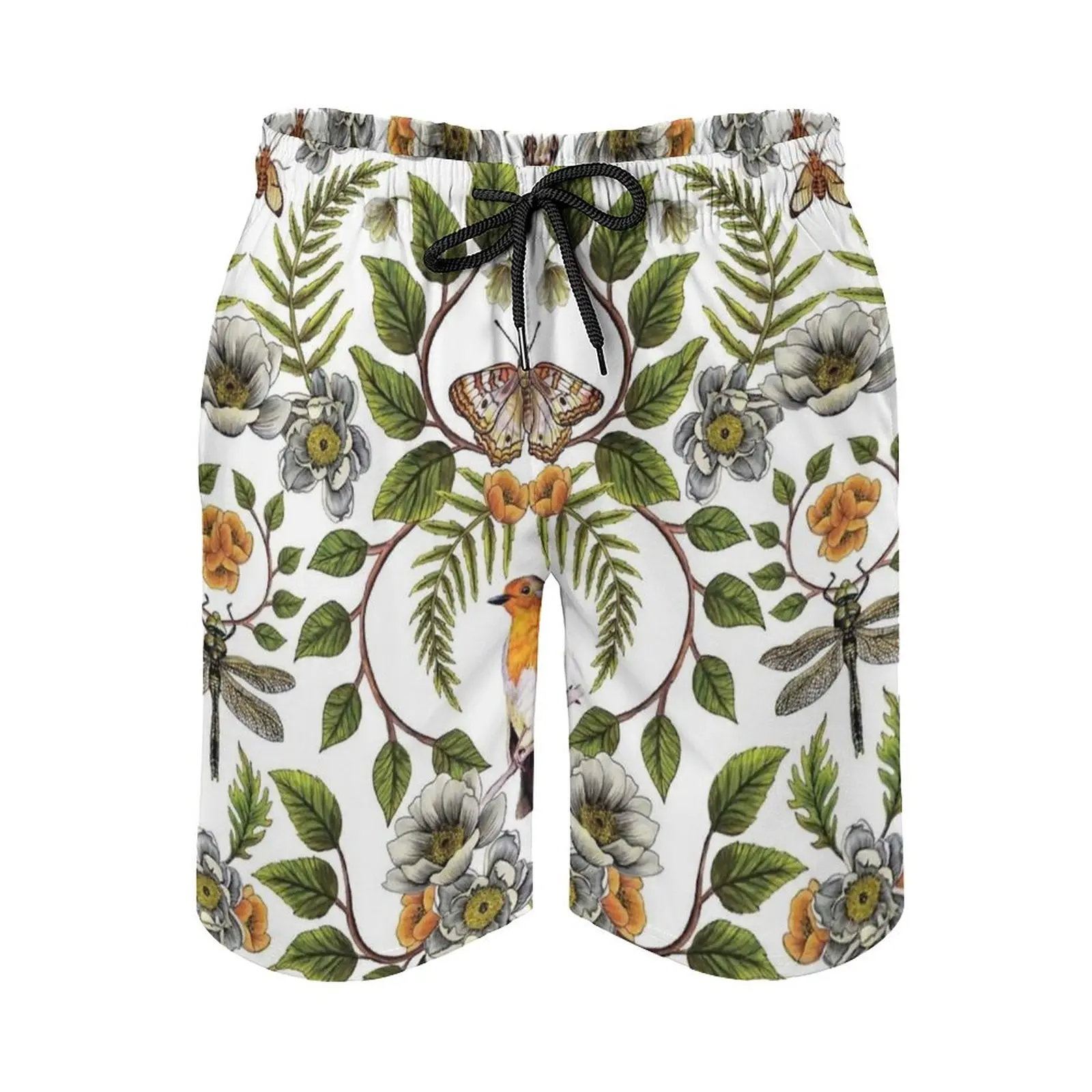 

Spring Reflection-Floral Botanical Pattern W Birds Moths Men's Sports Short Beach Shorts Surfing Swimming Boxer Trunks Bathing