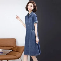 blue dress 2022summer new korean fashion loose slimming short sleeve denim shirt dress women polo neck pocket dress elegant muje