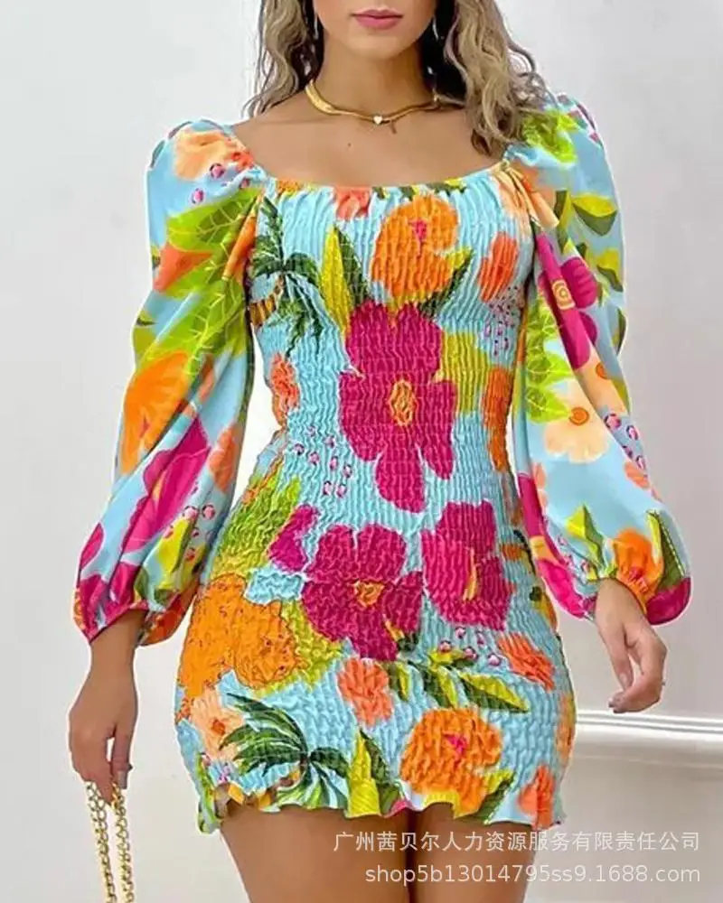 

Tropical Print Puff Sleeve Shirred Dress Women Spring Summer High Waist Sexy Bodycon Mini Dress O Neck Floral Flower